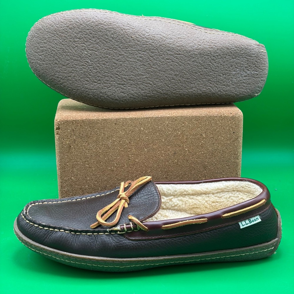 LL Bean Wicked Good Moccasins Mens 9 Brown Leather Shearling Lined Slippers
